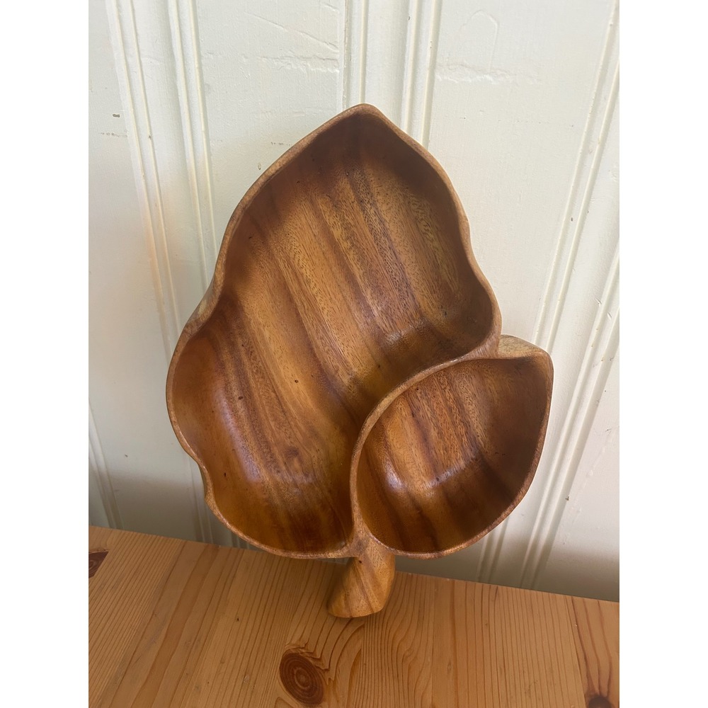 Vintage Monkey Pod Wood Leaf Divided Serving Bowl Hand Carved Mid Century Modern